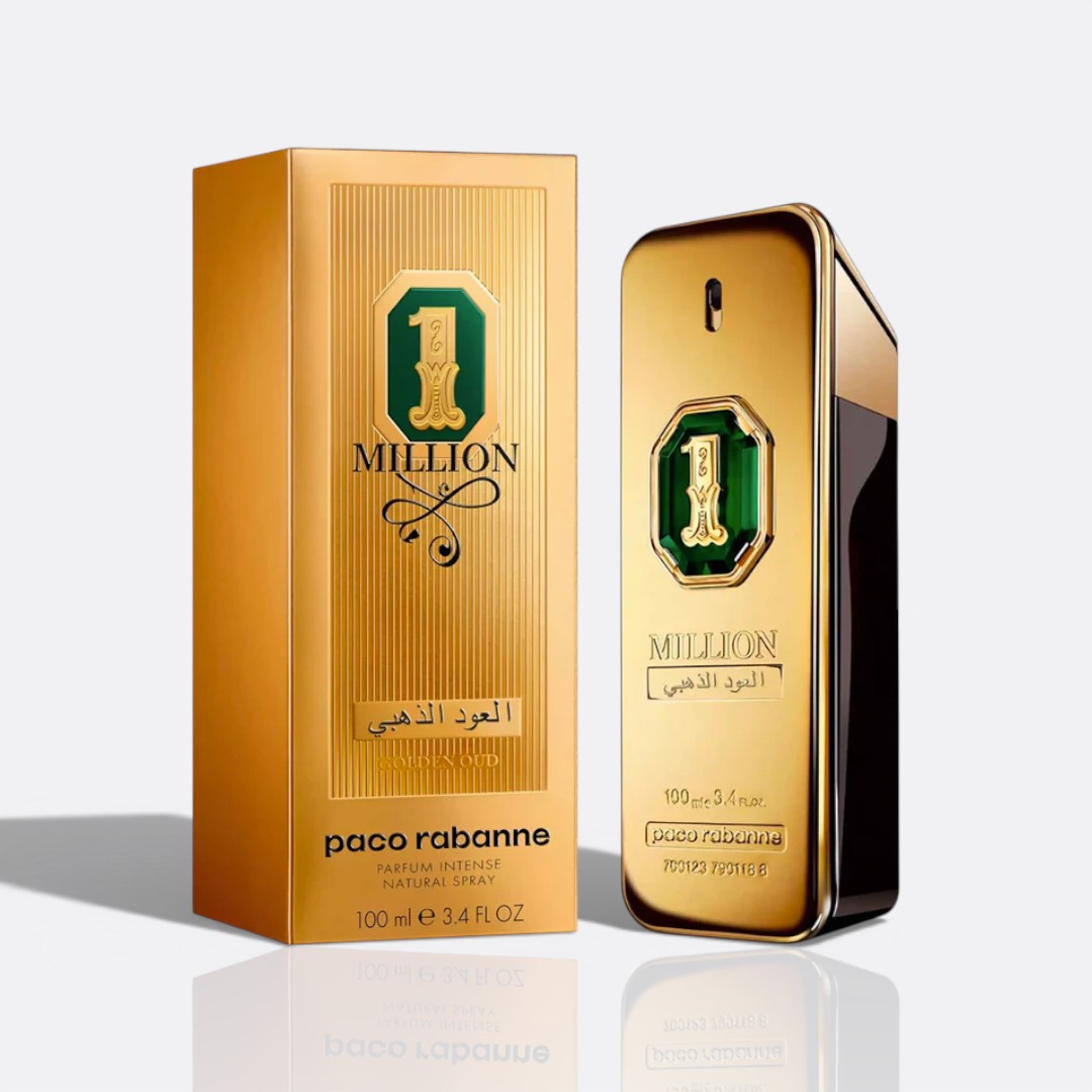 Bottle of 1 Million Golden Oud by Paco Rabanne – men’s perfume with oud, cardamom, and amber notes
