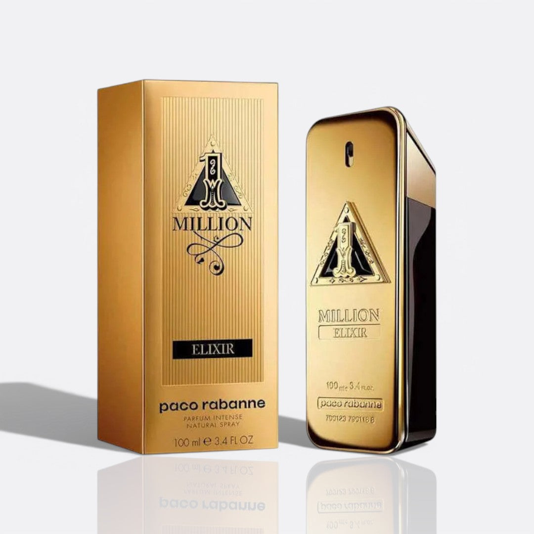 Bottle of 1 Million Elixir by Paco Rabanne – intense men’s perfume with apple, rose, and patchouli
