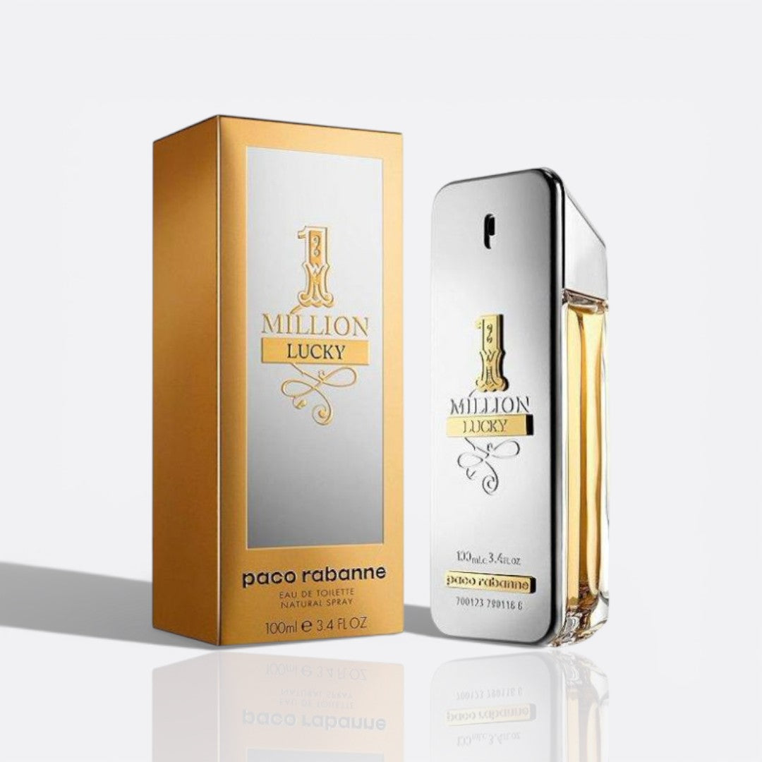 Bottle of 1 Million Lucky by Paco Rabanne – men’s perfume with hazelnut, cedarwood, and woody notes
