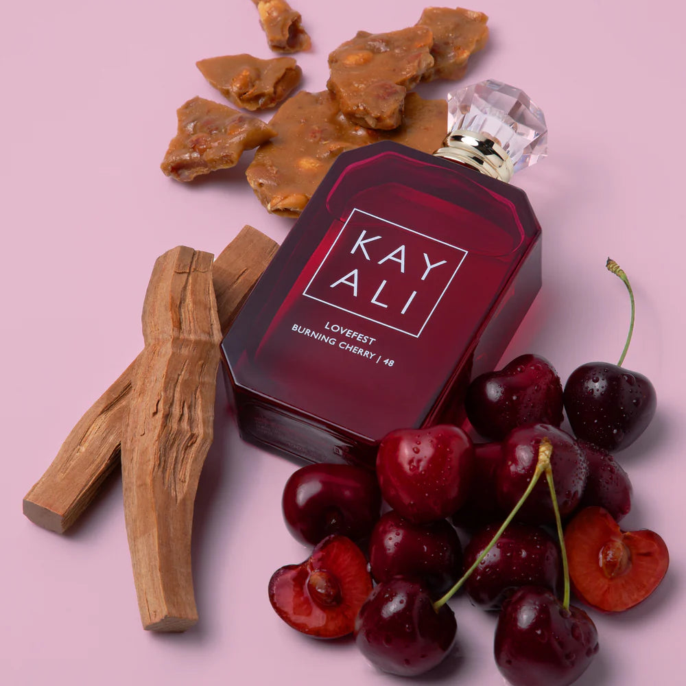 Bottle of Kayali Lovefest Burning Cherry | 48 – gourmand perfume with cherry, praline, and woody notes