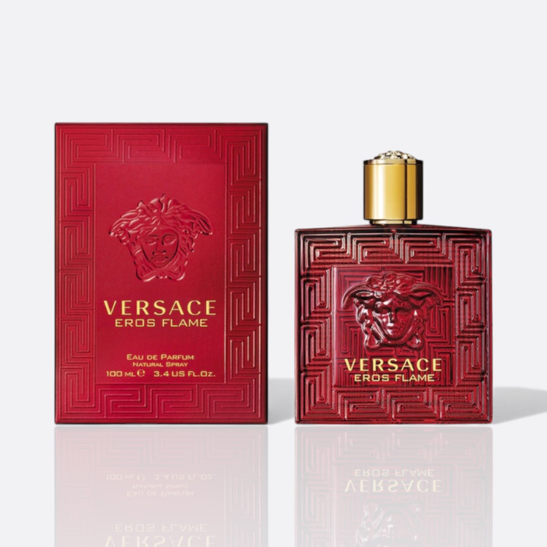 Eros Flame Eau de Parfum bottle – spicy and woody men’s fragrance with citrus and herbal warmth