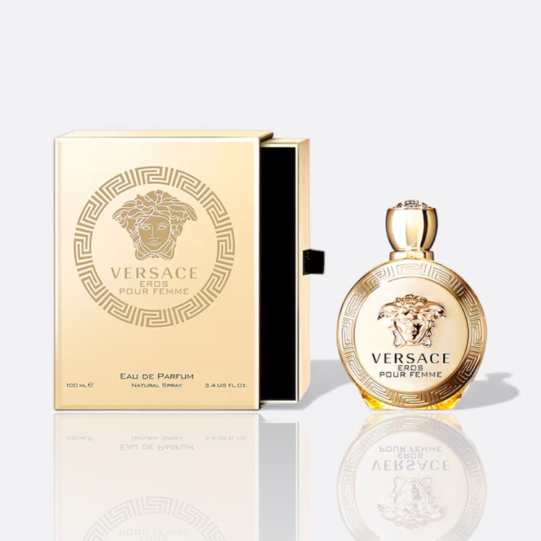 Eros Pour Femme Eau de Parfum bottle – elegant women’s fragrance with citrus, floral, and woody notes