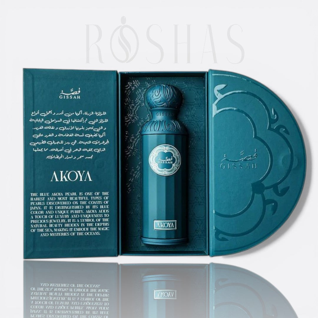 Bottle of Gissah Akoya – elegant woody floral perfume with citrus and warm woody notes
