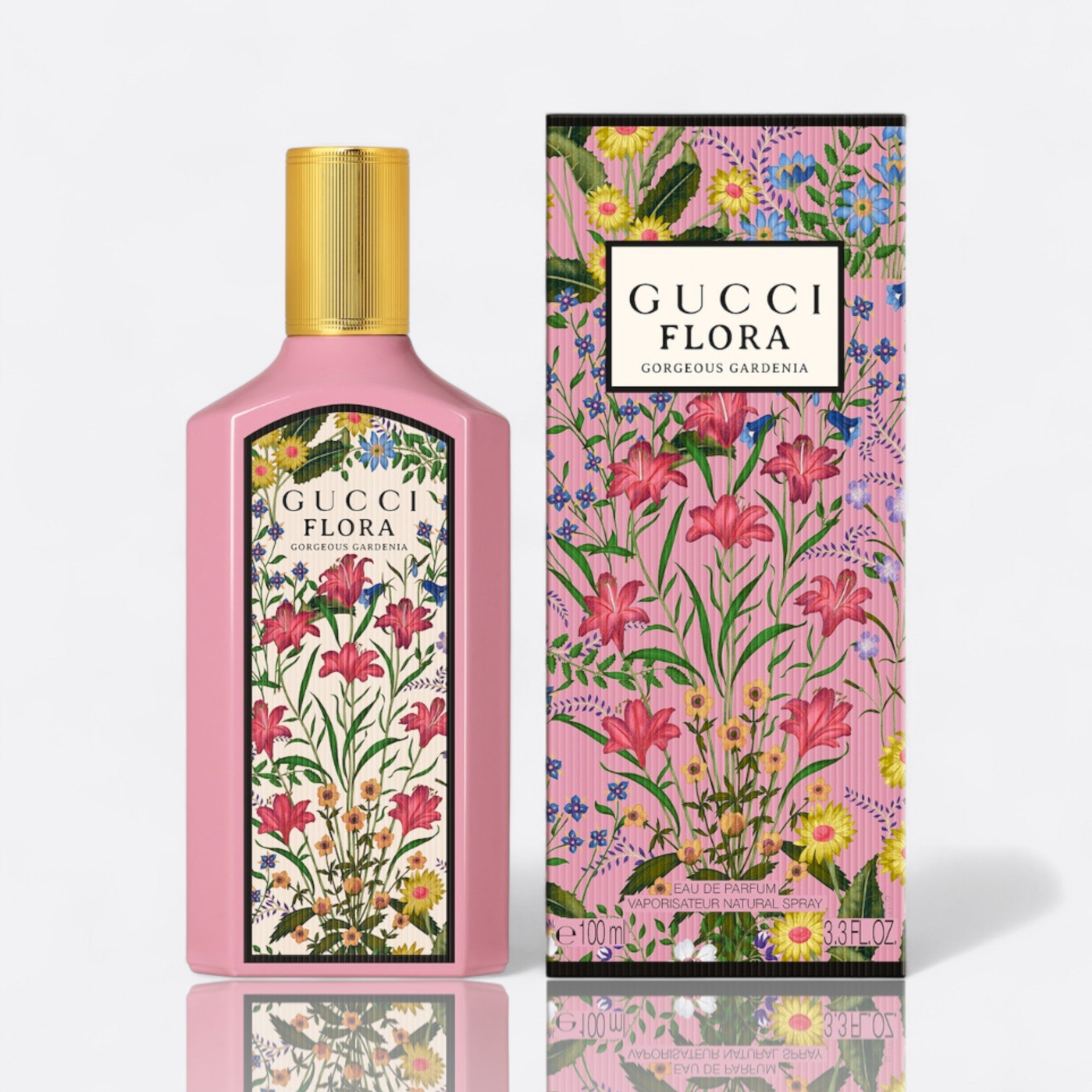 Gucci Flora Gorgeous Gardenia Eau de Parfum for women – gardenia jasmine pear blossom brown sugar sweet radiant feminine fragrance bottle 100 ml