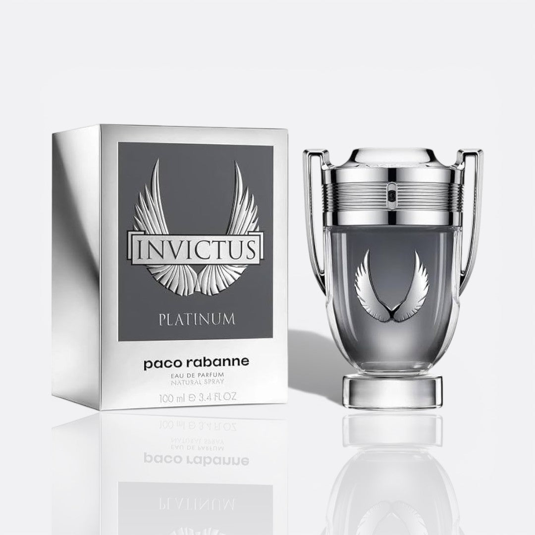 Bottle of Invictus Platinum by Paco Rabanne – men’s perfume with grapefruit, mint, and patchouli notes
