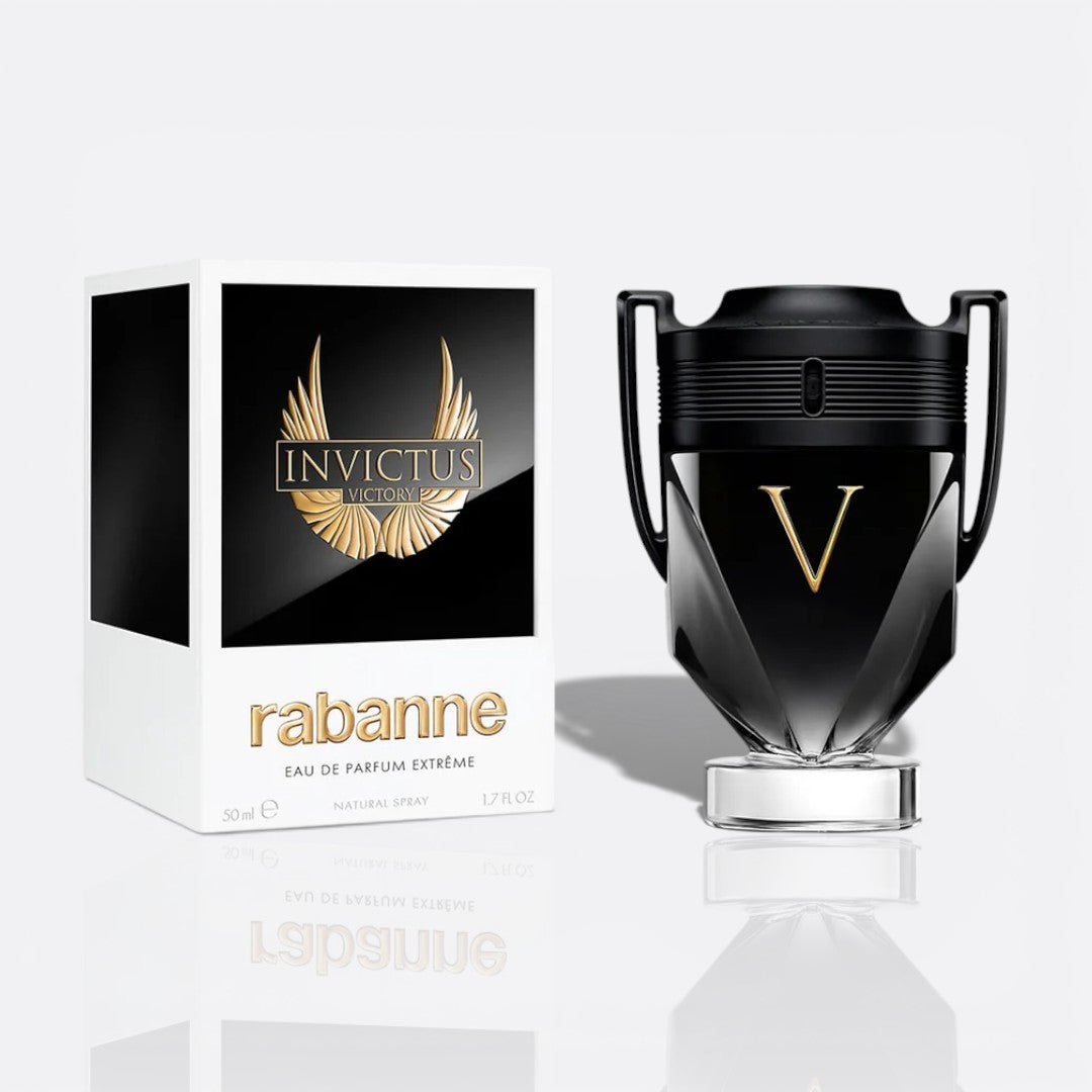 Bottle of Invictus Victory Eau de Parfum Extreme by Paco Rabanne – men’s perfume with citrus and warm spice notes
