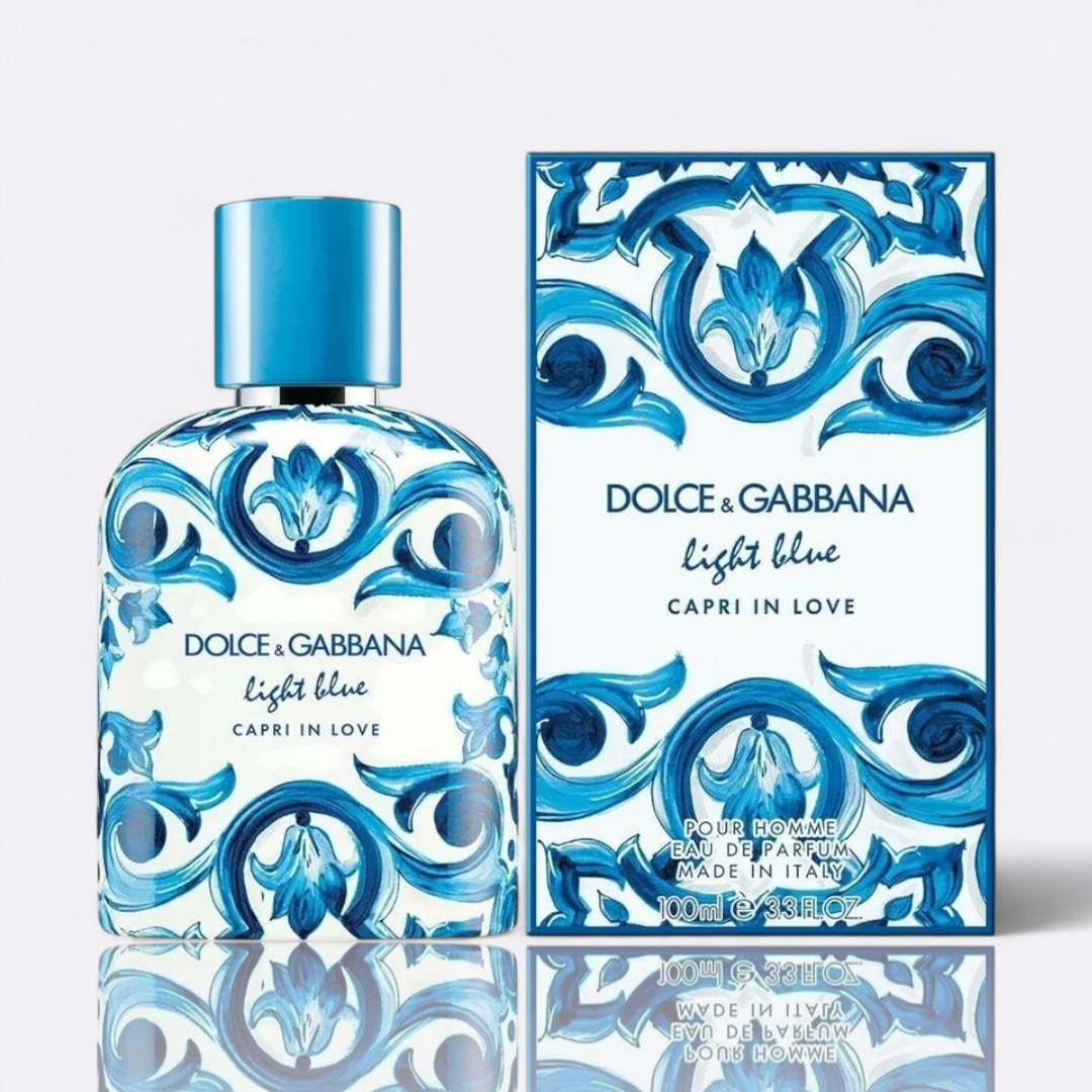 Light Blue Capri In Love Pour Homme Eau de Parfum – citrus grapefruit herbs woody fresh Mediterranean masculine fragrance bottle