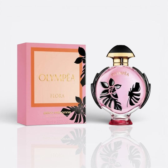 Bottle of Olympéa Flora by Paco Rabanne – floral women’s perfume with blackcurrant and vanilla notes
