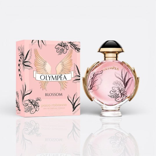 Bottle of Olympéa Blossom by Rabanne – fruity floral women’s perfume with rose and pear notes
